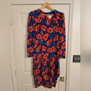 Brenner Vintage Floral Poppy Blue and Red Dress  SIZE TAG MISSING